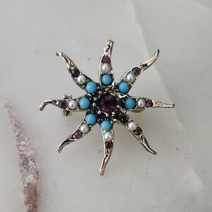 Vintage Floral Star Brooch With Faux Pearls & Turquoise Accents